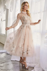 Long Sleeve Collared Button Up Tea Length Dress